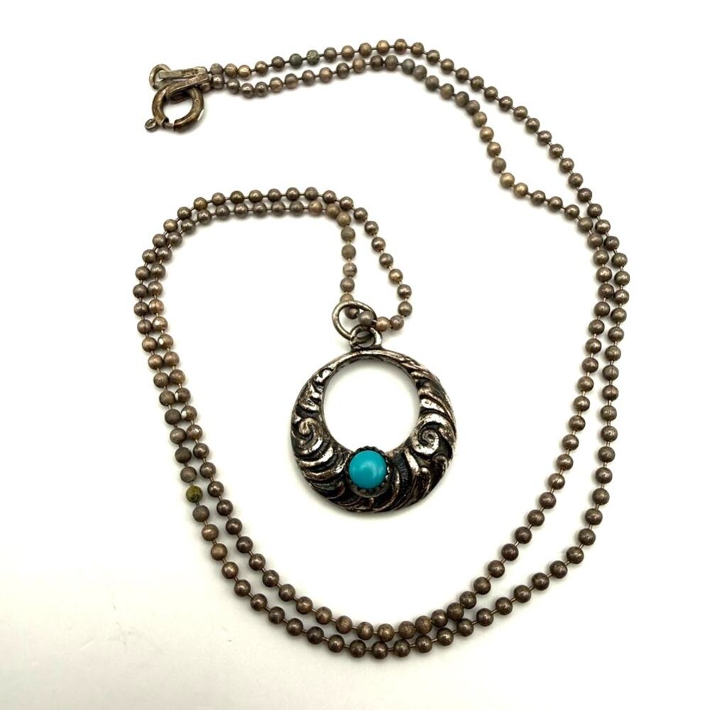 925 Sterling Silver Turquoise Native American Etched Ring Pendant Ball Chain 16" - Picture 3 of 9
